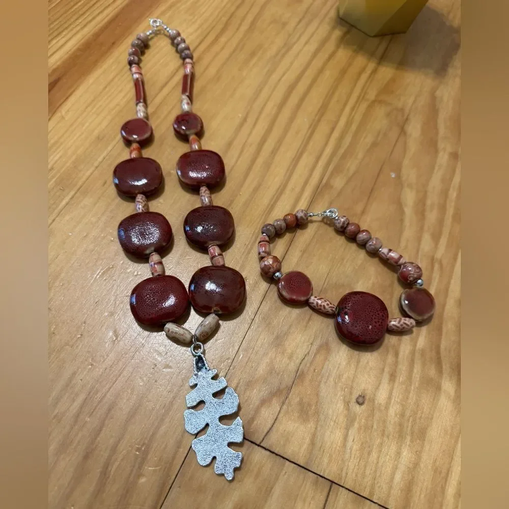 New Southwest Chunky FEATHER/LEAF PENDANT Beaded Necklace w/ Bracelet